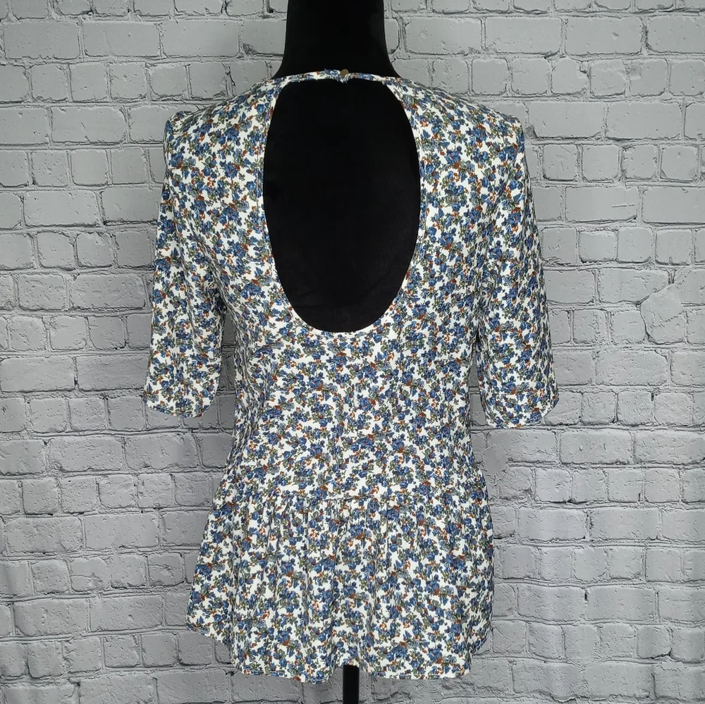 Zara Woman Floral Open Back Peplum 3/4 Sleeve Top Blouse - Picture 2 of 3